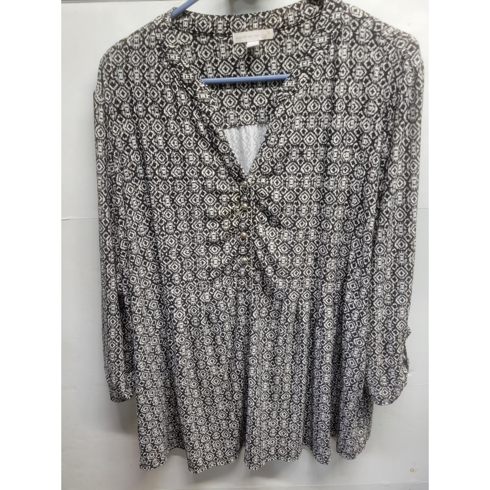 Westport 1962 Womens 3X Black White Geometric Ikat Print Roll Tab Peasant Blouse